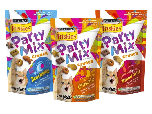 Friskies Party Mix Crunch cat treats in Beachside, Classic, and Mixed Grill flavors