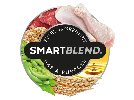 SMARTBLEND icon surrounded by chicken, beef, grains, peas, and oil ingredients