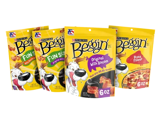 Purina Beggin’ dog treats in multiple flavors, including bacon and pizza