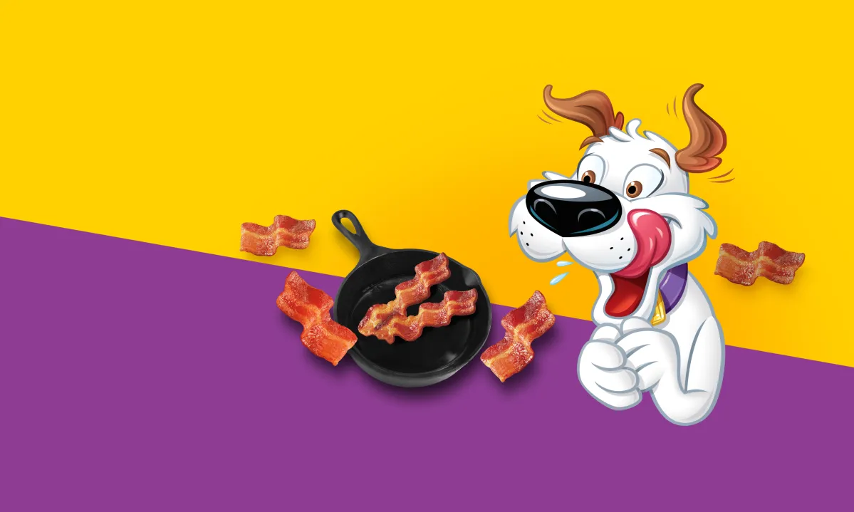 Cartoon dog drooling excitedly at sizzling bacon strips in a skillet