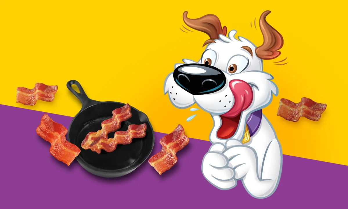Cartoon dog drooling excitedly over sizzling bacon strips in a skillet